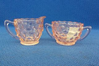 Vintage Pink Cube Pattern Depression Glass Creamer And Sugar Bowl Jeanette 1930s