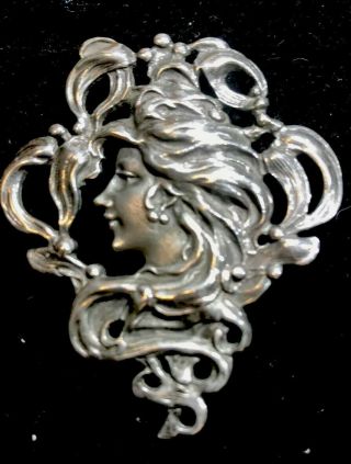 Antique Art Nouveau Sterling Silver Woman’s Face Brooch Pin