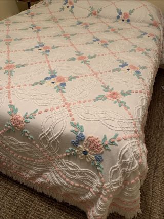 Vintage Chenille Bedspread Cabin Crafts Needle Tuft Pink White Floral W Repairs