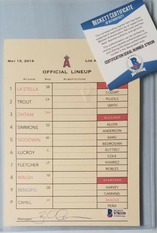 La Angels Game - Dugout Lineup Card Beckett Bas Signed Trout Ohtani Pujols