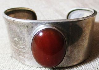 Vintage 925 Sterling Silver Wide Cuff Bracelet With Carnelian Stone Mexico