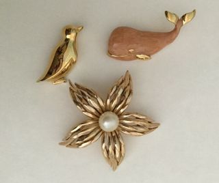 Vintage Trifari Gold Tone Flower Pin Brooch,  Monet Penguin And Whale Brooches