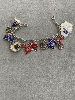 Vintage 7” Sterling Silver Charm Bracelet W/ 12 Sterling Charms Travel Themed
