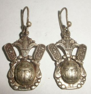 Vintage Egyptian Revival Beetle Scarab Sterling Silver Earrings