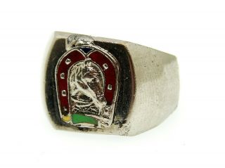 Vintage Signed Mexico Silver / Bronze Enameled Bikers Ring Lucky Horse Shoe 7.  75