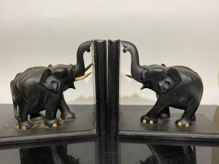 Vintage Pair Carved Wooden Elephant Bookends Art Statue Figurines Trunk Up