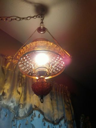 Vintage Quilted Amber Color Glass Hurricane Hanging Ceiling Lamp Light