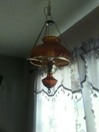 Vintage quilted Amber color glass hurricane hanging ceiling lamp light 2