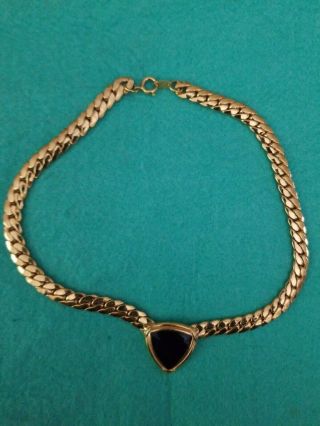 Vintage Trifari Goldtone Chainlink & Black Enamel Choker Necklace 15 1/2 "