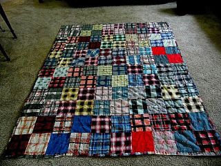 Vintage Handmade Plaid Flannel Tufted Tied Red Thread Patchwork Quilt 80 " X 62 "
