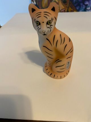 Vintage Fenton Tiger Cat Figurine Hand - Paint Signed Sticker 4 "