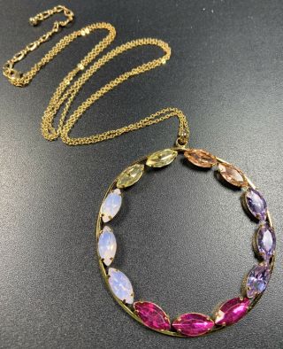 Vintage High End Necklace 32” Huge 3” Pendent Colorful Crystal Rhinestones Lot3