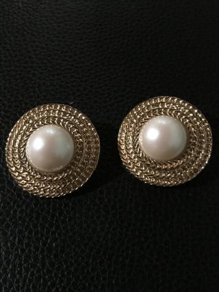 Vintage Givenchy Gold Tone Faux Pearl Clip On Earrings