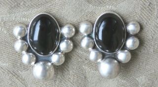Vintage Taxco Th - 38 Large Sterling Silver Black Onyx Clip On Earrings Mexico