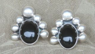 VINTAGE TAXCO TH - 38 LARGE STERLING SILVER BLACK ONYX CLIP ON EARRINGS MEXICO 2