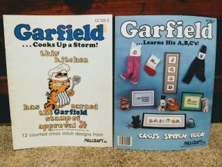 Two Vtg 1978 Garfield Counted Cross Stitch Pattern Books Booklets Cook Alphabet