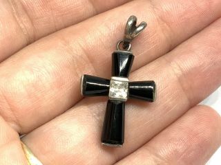 Vintage Sterling Silver Black Onyx Stone Cz Center Religious Cross Small Pendant