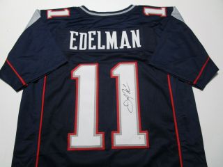 Julian Edelman / Autographed England Patriots Blue Custom Jersey /