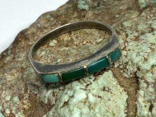 Old Pawn Vintage Navajo Sterling Silver Green Turquoise Inlay Thin Ring (sz.  7)
