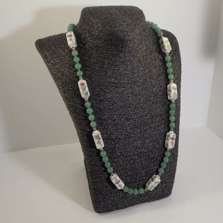 Vintage Chinese Green Jade And Hand Painted Porcelain Bead Necklace