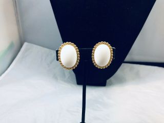 Vtg.  Monet Milk White Oval Cabochon & Gold Tone Clip On Earrings