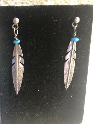 Long Sterling Silver Native American Feather Earrings Turquoise Vintage Indian
