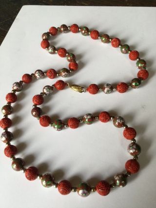 Wonderful Vintage Chinese Cinnabar Cloisonne Bead Necklace