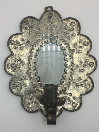 Vintage Punched Tin Wall Mirror With Candle Holder Floral Embossing