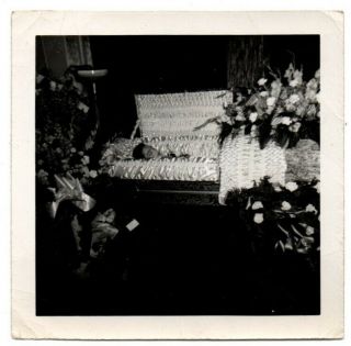 Woman In Casket Post Mortem Sad Funeral Home Flowers Vintage Snapshot Photo