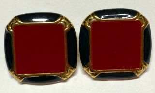 Signed Monet Vintage Red Black Enamel Gold Tone Earrings 8/269