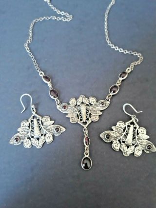 Vtg Art Nouveau Style Sterling Silver 925 Garnet Moth Lavaliere & Earrings Set