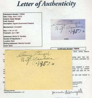 Casey Stengel Signed 1950 Gpc Jsa Authentic Autograph