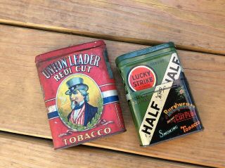 Vtg.  Tobacco Tins,  Union Leader & Lucky Strike - Half And Half With 1931 Tax Stamp