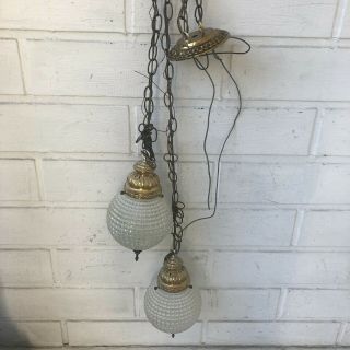 Vtg Mid Century Double Swag Chain Ceiling Lights Hanging Fixture Glass Glove