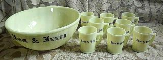 Vintage Mckee Uranium Custard Glass Tom And Jerry Punch Bowl & 8 Mugs Set