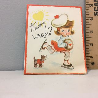 Vtg Valentine Card Cute Little Girl Muff Fuzzy Hat Skating Puppy Dog Doubl - Glo