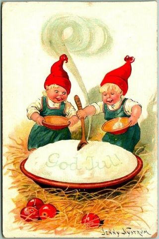 Vintage Swedish Christmas Postcard God Jul Elves Making Pie C1910s W/ Message