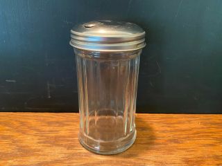 Vintage Clear Ribbed Glass Sugar Dispenser Shaker With Metal Lid 5 1/2 " Tall