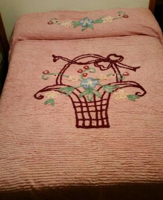 Vintage Chenille Bedspread 90x96 Dusty Rose Color With Flower Basket Design