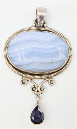 Vintage Lace Agate Amethyst 925 Sterling Silver Pendant Necklace Signed Sj Sajen