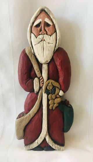 Vtg Hand Carved Painted Wood Santa Folk Art Figure Signed Dated 1988 13.  5” Tall