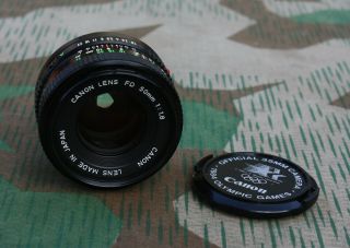 Vintage Canon Fd 50mm 1:1.  8 Lens Made In Japan W/ 1984 Olympic Games Lens Cap