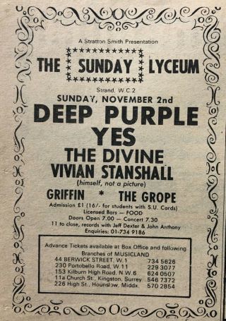 Deep Purple - Yes 1969 Vintage Gig Advert 13x9cm London Lyceum