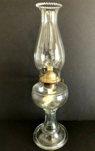 Vintage Clear Glass Oil Lamp With Chimney And Eagle Burner 16.  5 " Tall