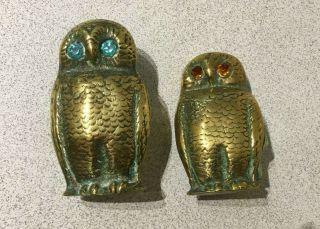 2 Vintage Brass Owl Match Holders,  Blue,  Amber Glass Eyes - Desk Tidy,  Pens Etc