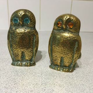 2 Vintage Brass Owl Match Holders,  Blue,  Amber Glass Eyes - Desk Tidy,  Pens etc 2