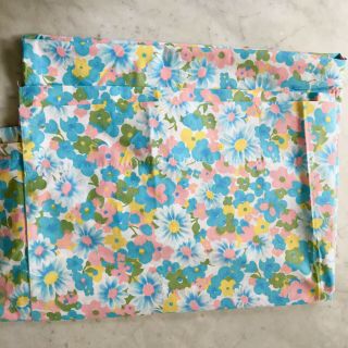 Vintage Mod Floral Flat Bed Sheet Full Pacific Miracale Flower Power Pink Blue