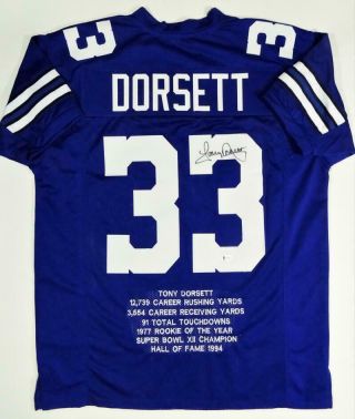 Tony Dorsett Signed Blue Pro Style Stat Jersey W/ Hof - Beckett W Auth R3