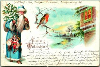 Vintage 1900 Christmas Greetings Postcard Santa Claus In Blue Robe / Xmas Tree