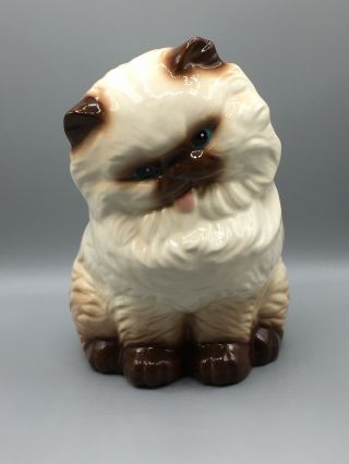 Vtg 70s Hand Painted Ceramic Persian Cream Brown Cat With Blue Eyes 10”